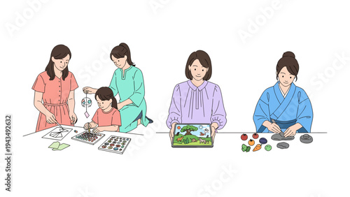 Creative Family Moments: Illustration of a family engaging in various artistic and creative activities, showcasing bonding and imaginative expression.