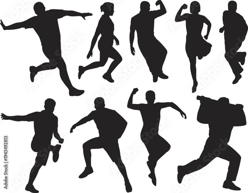 Black silhouettes of energetic people jumping running and celebrating isolated on white background for sports design