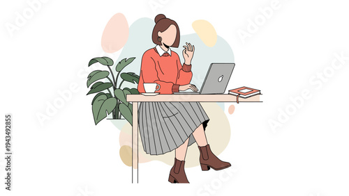 Modern Workplace Solitude: A solitary individual navigates a modern workspace, with a cup of coffee and snack.