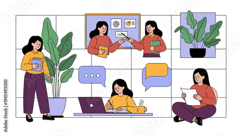 Dynamic Educator's World: A collection of illustrations depict a versatile educator engaging in various aspects of her profession, from teaching to note-taking and collaborative discussions.