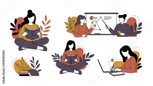 Knowledge & Work: Depicting learning and work in the modern digital age, highlighting the essence of modern female intellectual pursuits in education and workplace.