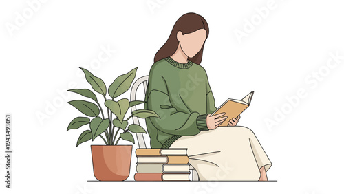 Literary Solitude: A serene woman is completely absorbed in her book. the scene emphasizes tranquility, relaxation, and a love for reading.
