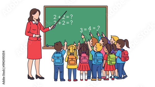School classroom scene with teacher and pupils: A dedicated teacher leads a group of eager young students through a lively mathematics lesson in a classroom.