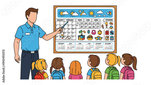 Teacher's Guidance: A teacher stands before a class of eager children, pointing at a calendar filled with educational icons, symbolizing a structured and engaging learning environment.