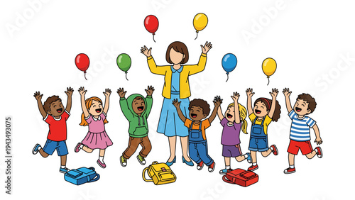 Joyful Celebration in the Classroom: A group of excited children, with a teacher, celebrate together, surrounded by colorful balloons, embracing a moment of pure glee and happiness.