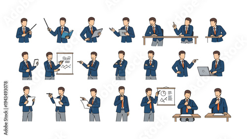Business Presentation: A compilation of professional business person illustrations in a variety of poses, ideal for conveying diverse business concepts and scenarios.