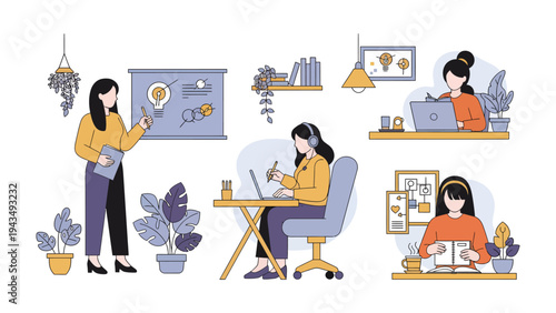 Ideas in Harmony: A collection of women engaged in various activities, each symbolizing the pursuit of ideas and knowledge, fostering a sense of creativity and learning.