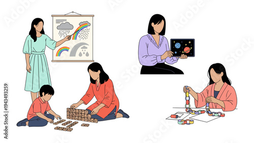 Learning and Building: Young learners engaging in different educational activities, from learning about weather to constructing towers with blocks, fostering creativity and cognitive development.