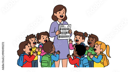 Musical Harmony: Children, eyes wide with wonder, gather around a teacher. The teacher is holding music sheets. A symphony of togetherness and education.