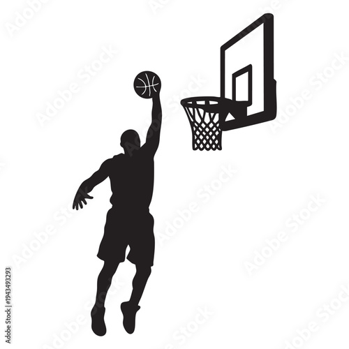 A basketball player in mid-air jumps to dunk the ball into the hoop.
