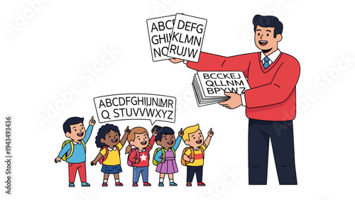 Learning the ABCs: A cheerful educator guides a group of enthusiastic young pupils through the alphabet. This illustration radiates warmth and the excitement of early learning.