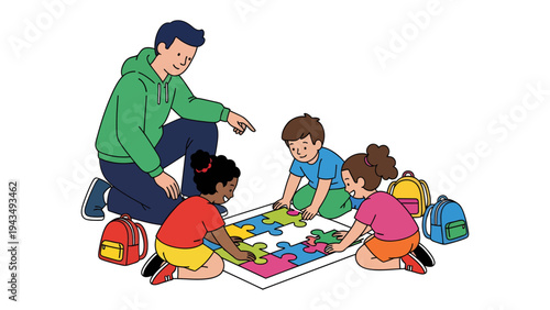 Teamwork: A dedicated educator guiding a group of children, collectively focusing on assembling a vibrant jigsaw puzzle