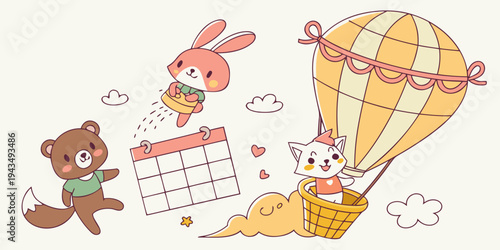 Whimsical illustration of a bear, rabbit, and cat in a hot air balloon with a calendar, surrounded by hearts and clouds on a beige background