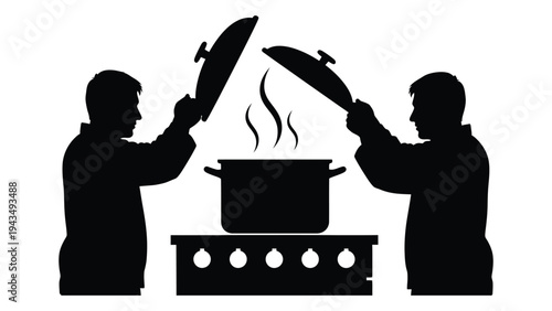 Two people cooking with frying pans in a kitchen