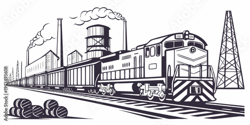 Black and white illustration of a train on railroad tracks with industrial buildings and smokestacks in the background