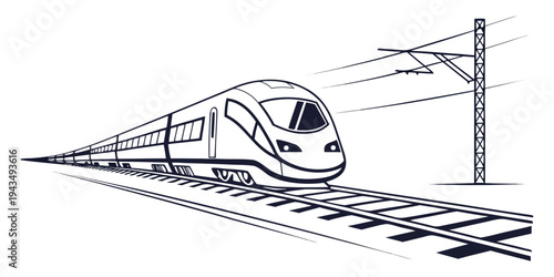 A sleek bullet train traveling on railway tracks with overhead power lines