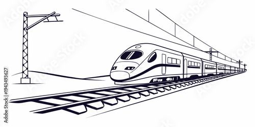 A black and white illustration of a bullet train traveling on train tracks with overhead wires