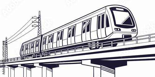 Black and white illustration of a modern monorail train traveling on an elevated track with power lines