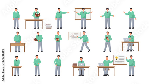 Teaching and Instruction: A visual composite of a male educator in various poses, designed to illustrate aspects of knowledge transfer, engagement, and education. 
