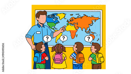 World Map lesson in the classroom: A dedicated instructor, surrounded by a group of attentive students, leads an educational exploration using a colorful world map.