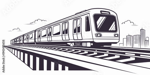 Black and white illustration of a modern subway train traveling on tracks towards a city skyline