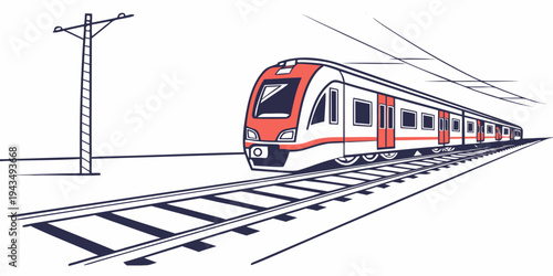 A red and white train traveling down a set of train tracks next to a power line