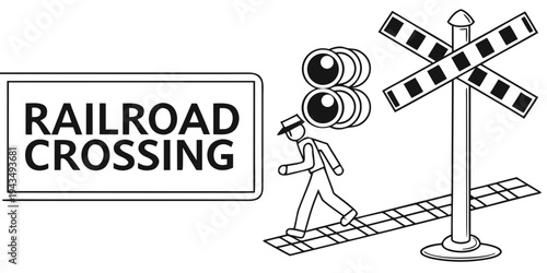 A person walking across railroad tracks with a crossing sign and traffic lights