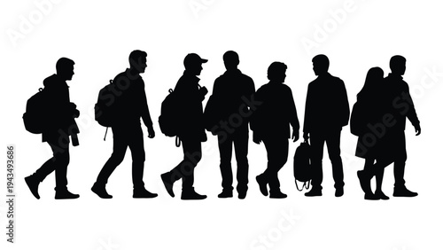 A group of people walking in a line with luggage
