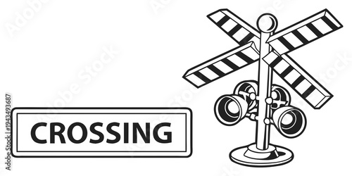 Railroad crossing sign with gate and warning lights