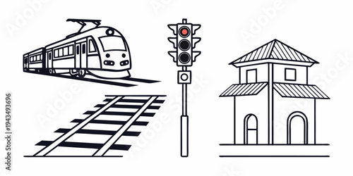 A black and white illustration of a train on tracks next to a traffic light and a building