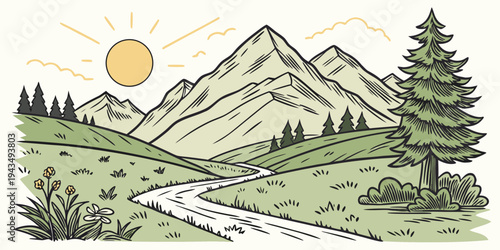 A scenic landscape with a winding road through green hills and mountains under a sunny sky with a large pine tree on the right