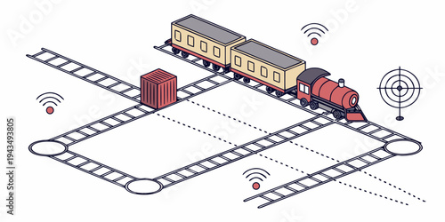 A red train with a yellow carriage on train tracks with a shipping container and wireless signals
