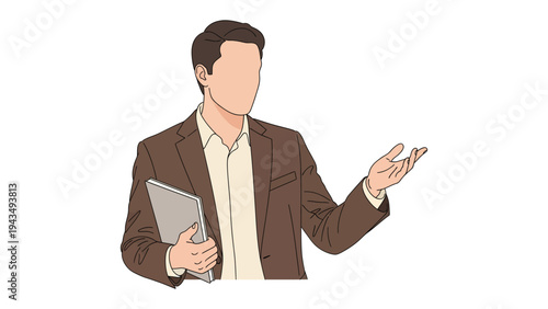 Corporate Professional in Illustration: A sharply dressed business professional, exuding competence and confidence, offers a welcoming gesture while holding a digital tablet.