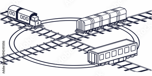 Black and white illustration of train on curved railroad tracks with locomotive and cars