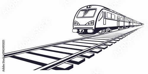A black and white illustration of a train traveling down a track with rails and wheels