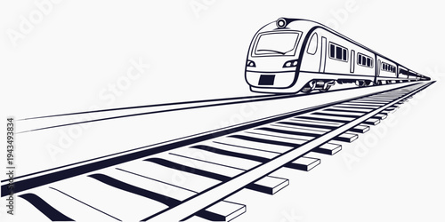 A black and white illustration of a train traveling on train tracks