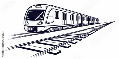 A black and white illustration of a modern subway train traveling along railway tracks