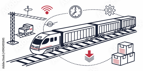 A train on a track with boxes and logistics symbols around it, representing transportation and delivery