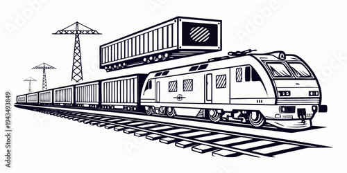 Black and white illustration of a train on railroad tracks with a shipping container on top