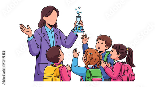Scientific Discovery: An educator with a bubbling flask captures the attention of children, igniting curiosity through a captivating science experiment. 