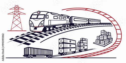 Train on railroad tracks with cargo containers and power line