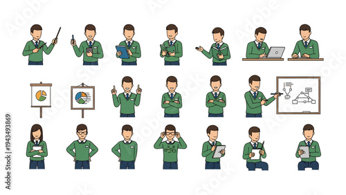 Animated Presentation of Business people: A collection of diverse cartoon figures engage in various business scenarios, their actions and expressions designed to convey ideas.