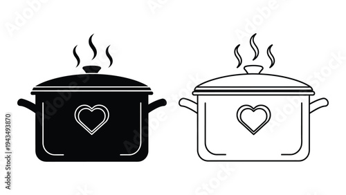 A black and white icon of two cooking pots with heart on front
