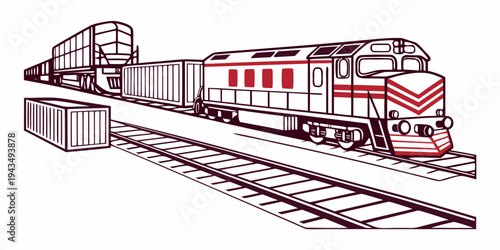 Red and white train on railroad tracks with cargo containers
