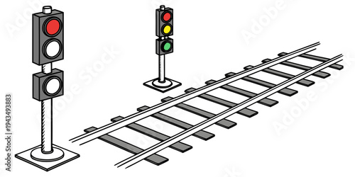 Railway tracks with traffic lights on for transportation and infrastructure concepts