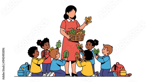 Learning Nature with Teacher: A teacher engages a group of children in a lesson about nature. They are examining leaves and enjoying the wonders of the natural world.