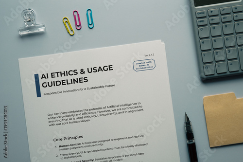 AI ETHICS & USAGE GUIDELINES: Realistic mock-up mock placed on  with calculator, glasses, sticky note. Contributor-created fictional business document for illustrative purposes.