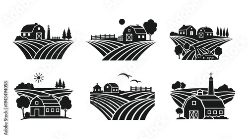 Six different farm scenes with houses and fields