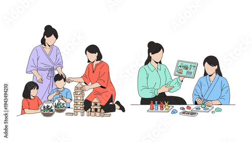 Cultivating Young Minds: In a tranquil setting, a nurturing educator inspires and engages young learners through interactive education, fostering curiosity and creativity.