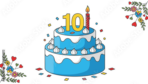 Illustration of a blue birthday cake with white icing, decorated with a yellow 10 and a lit candle, surrounded by colorful confetti and floral arrangements on a white background.